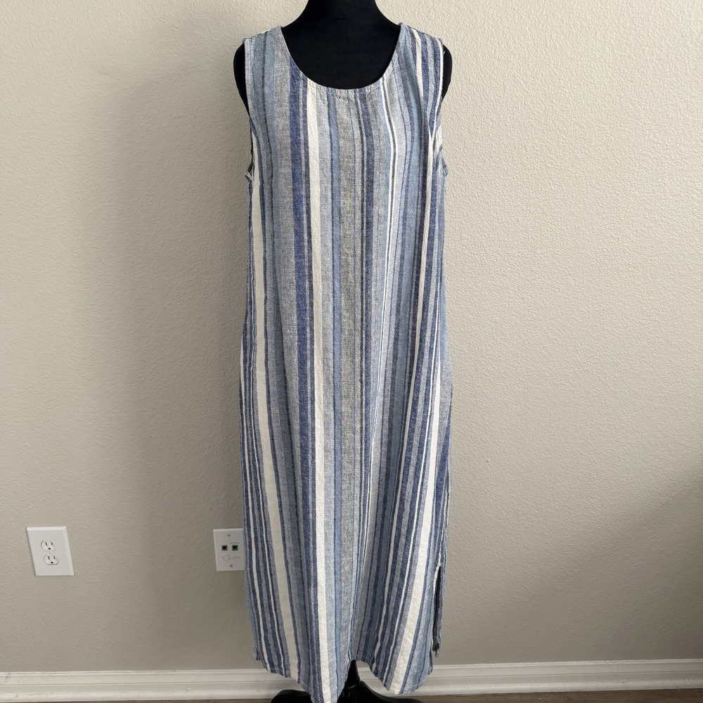 Medium Shift Dress Midi Linen Blend Striped Coastal Grandmother Boho Beachy